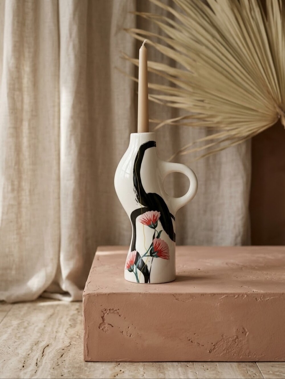 Rachel Joanis OUI Large Candle Stick Holder Stonewear Abstract Floral